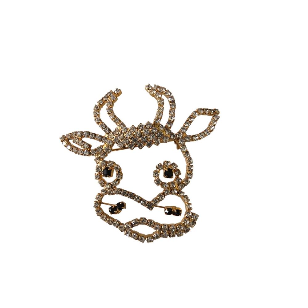 Vintage Rhinestone Cow Bull Steer Face Pin Brooch 2"